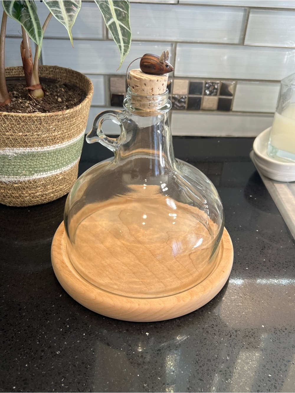 Vintage Glass done witht Wooden Base and Cork Stopper - Clear